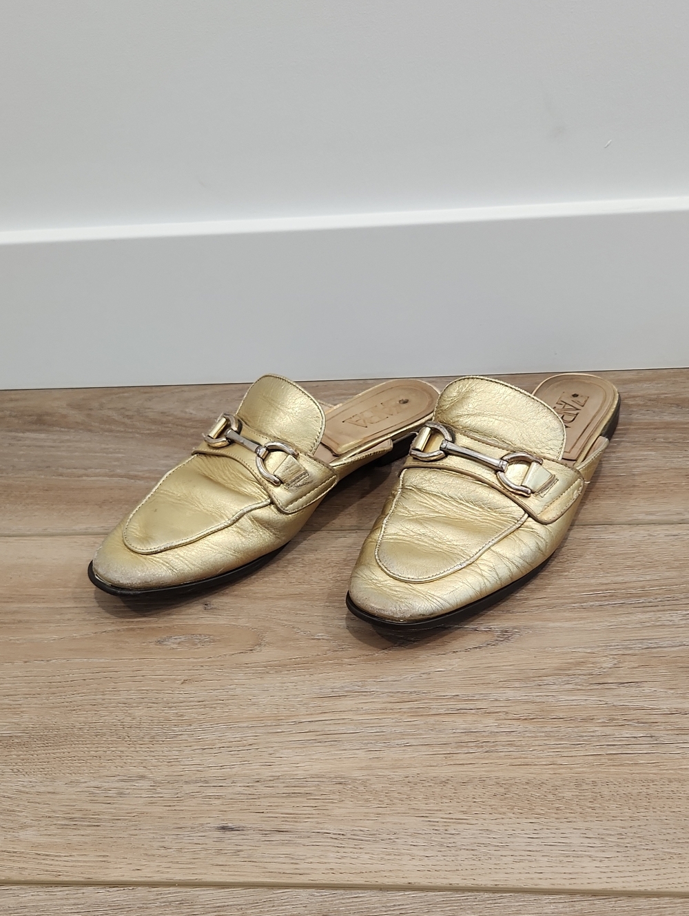 Zara Metallic Gold Leather Backless Horsebit Mules Size 39